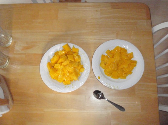 Unbelievable: two large bowls of juicy cubes, all from one large organic mango 